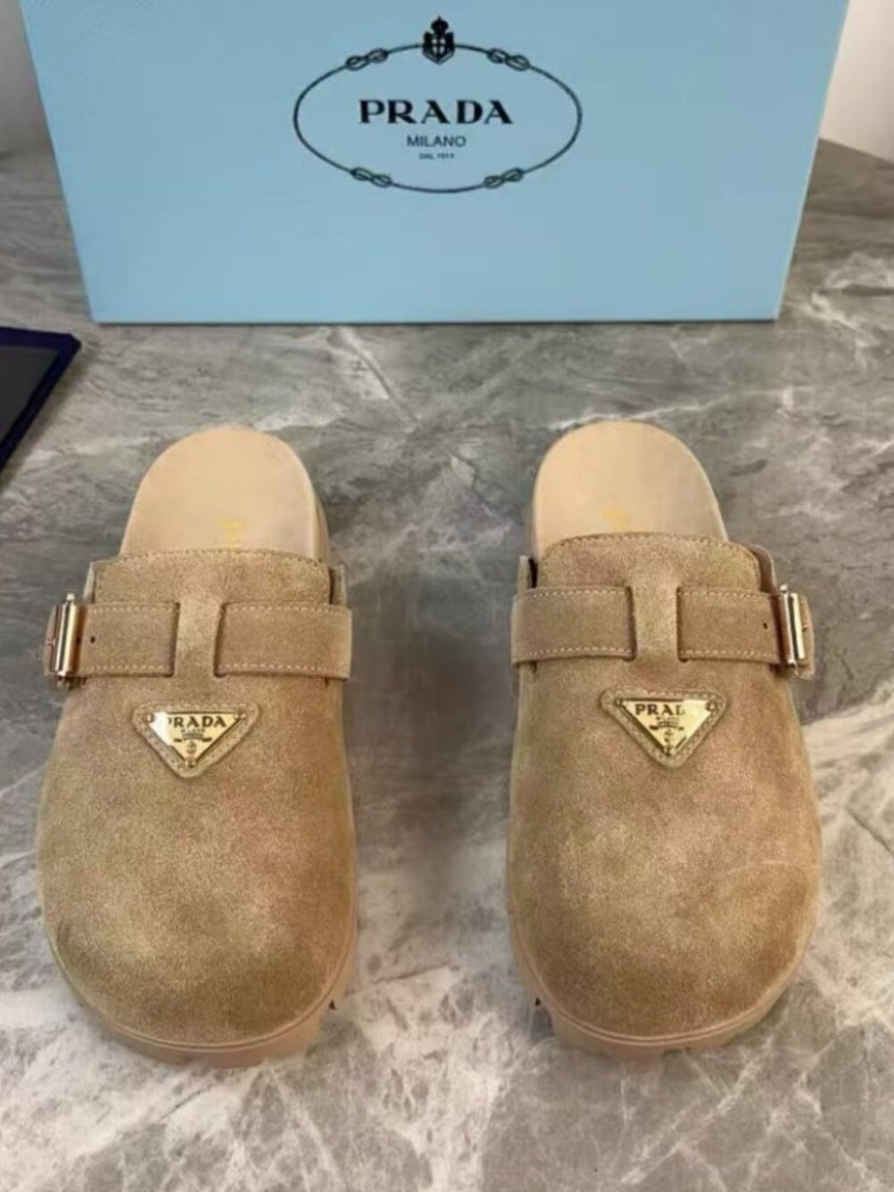 Prada Khaki Suede Closed‑Toe Slip‑On Mule Clogs Adjustable Buckle Shoes